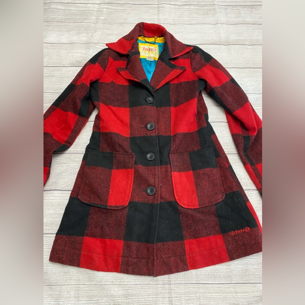 Billabong Red Plaid Trench Womens Size Small Coat Logo Buttons Casual